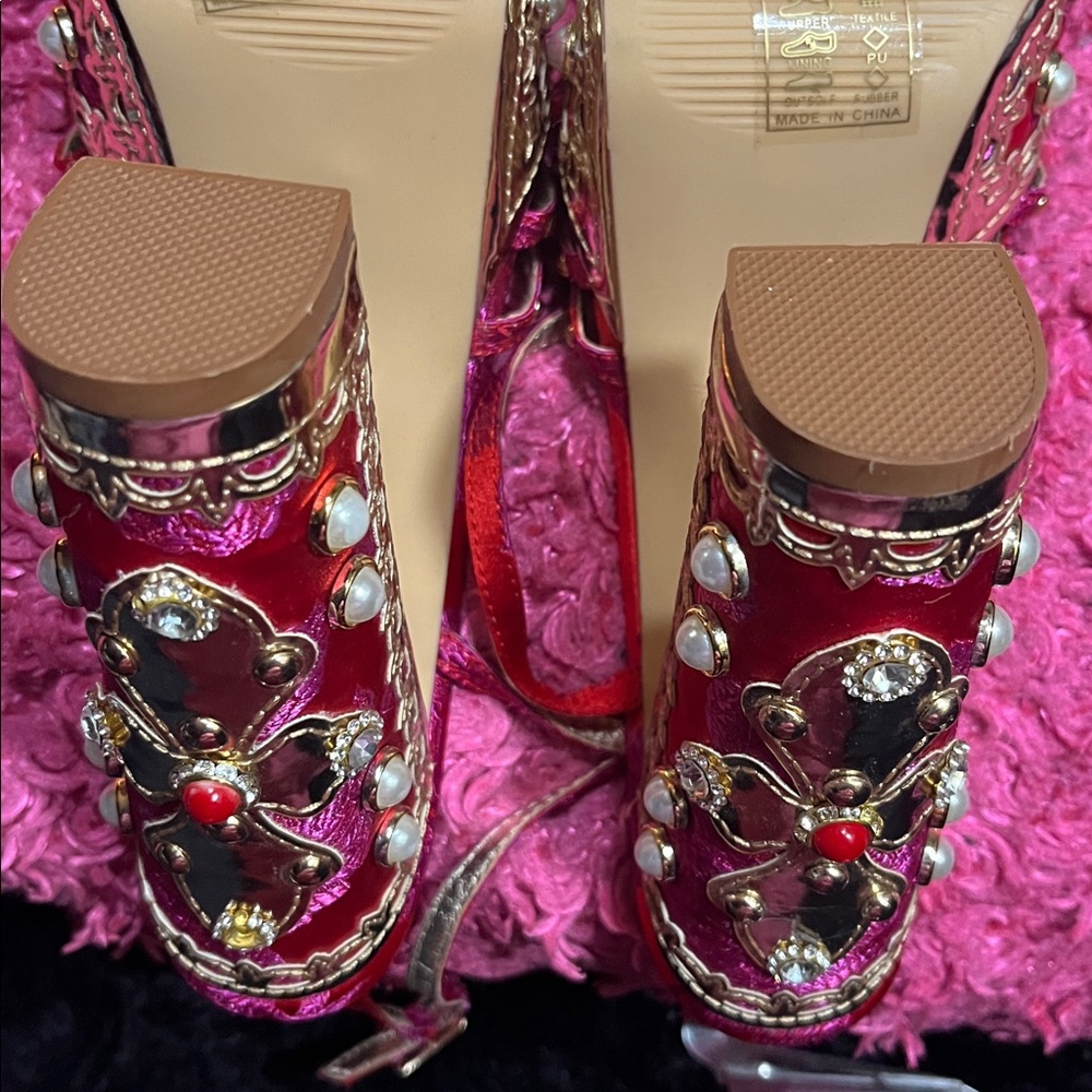 Nordstrom AZALEA WANG - Red Jeweled Platform Sandals w/ Crystal Accents, (SZ.7) - Picture 11 of 12